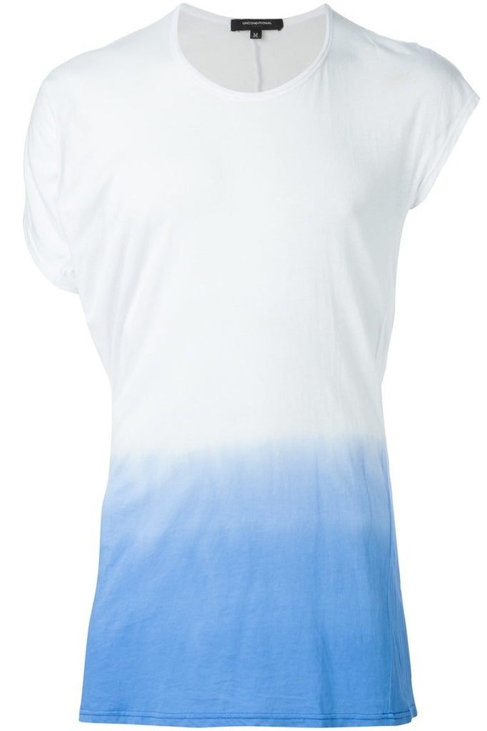 Unconditional Ss18 White Asymmetric Drape T Shirt With Blue Dip Dye