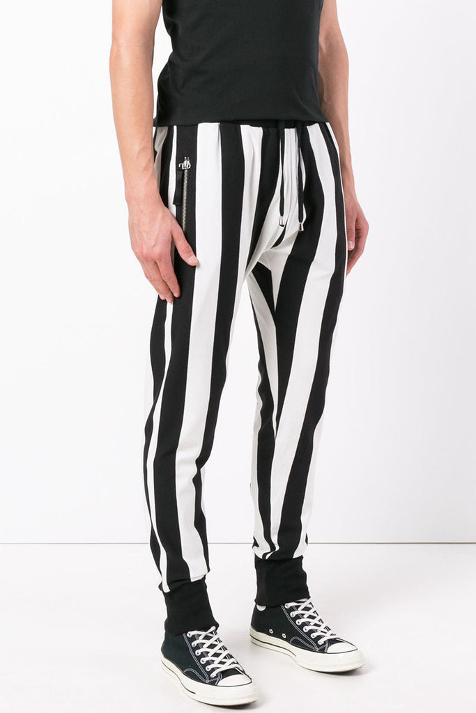 black and white striped trousers