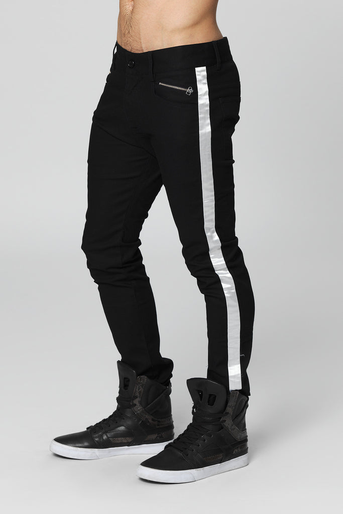 mens black jeans with white stripe