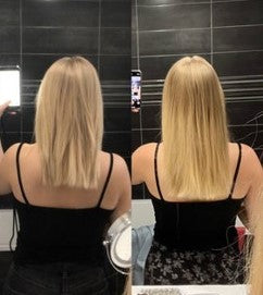 Two side-by-side photos showing hair growth progress from shoulder-length to mid-back length.