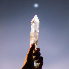 Hand holds gemstone point in the air pointing to the moon.