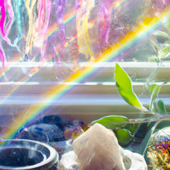 Pietre preziose sul davanzale di una finestra con una pianta e un arcobaleno