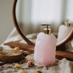 Rose quartz soap dispenser with gold pump for mirror - Insght Stones