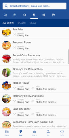 dining plan options inside carowinds app