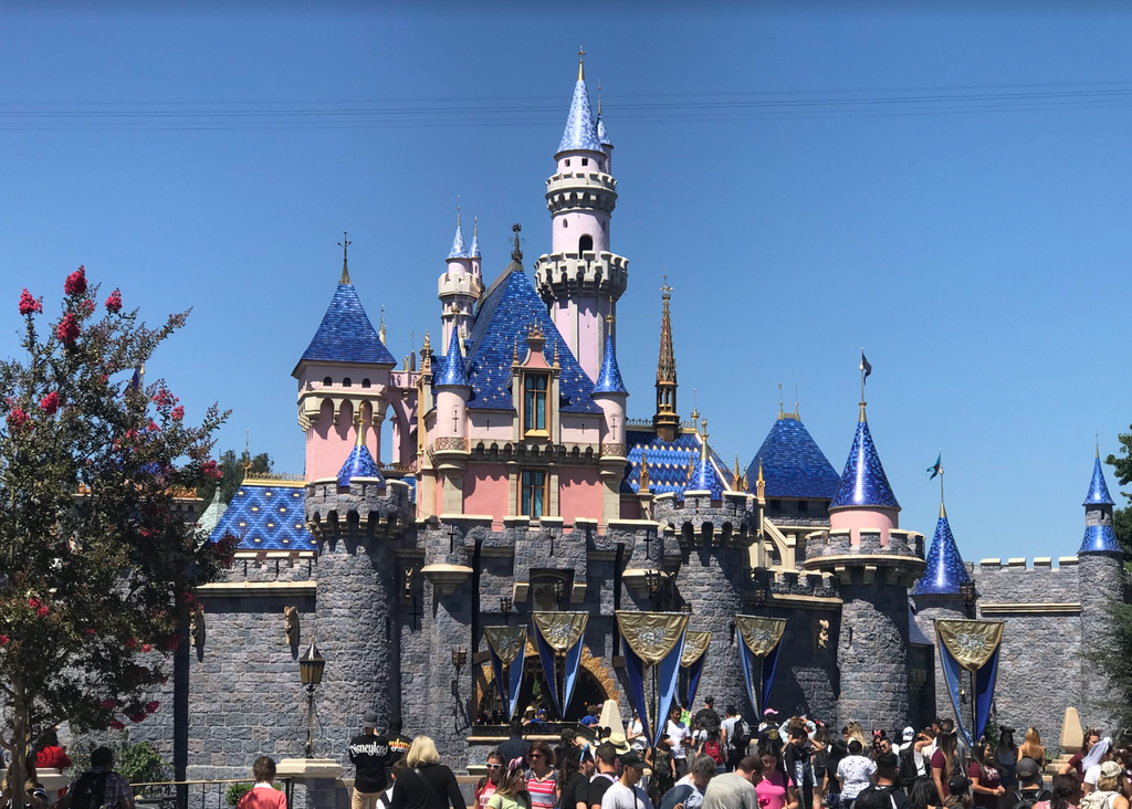 Crowds of people in front of Sleeping Beauty's castle