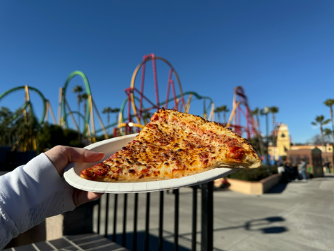 slice of pizza in front of six flags roller coasters