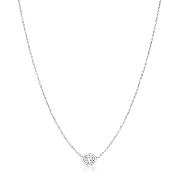 18K White Gold Oval Diamond Solitaire Necklace