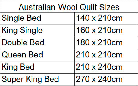 Australian Wool Quilt Sizes