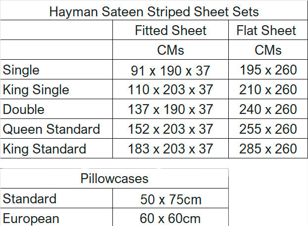 Hayman Sateen Striped Sheet Set Sizes