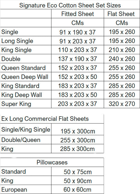 Signature Eco Cotton Bed Sheet Sizes