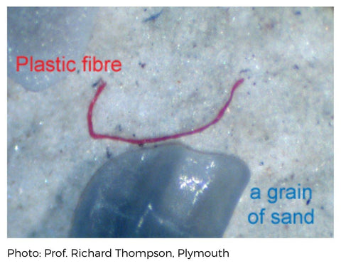 photo by Thompson showing the size of a single microfibre in comparison to a grain of sand