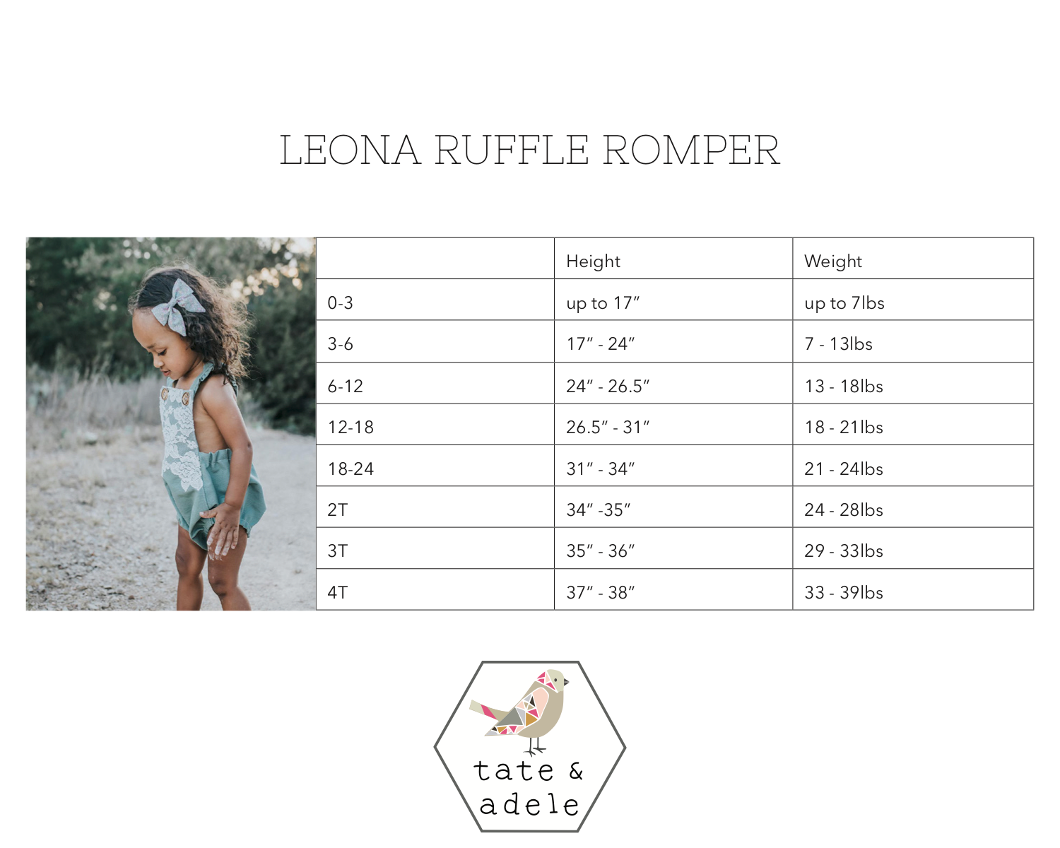 Ruffle Leona Romper from Tate & Adele Size Chart