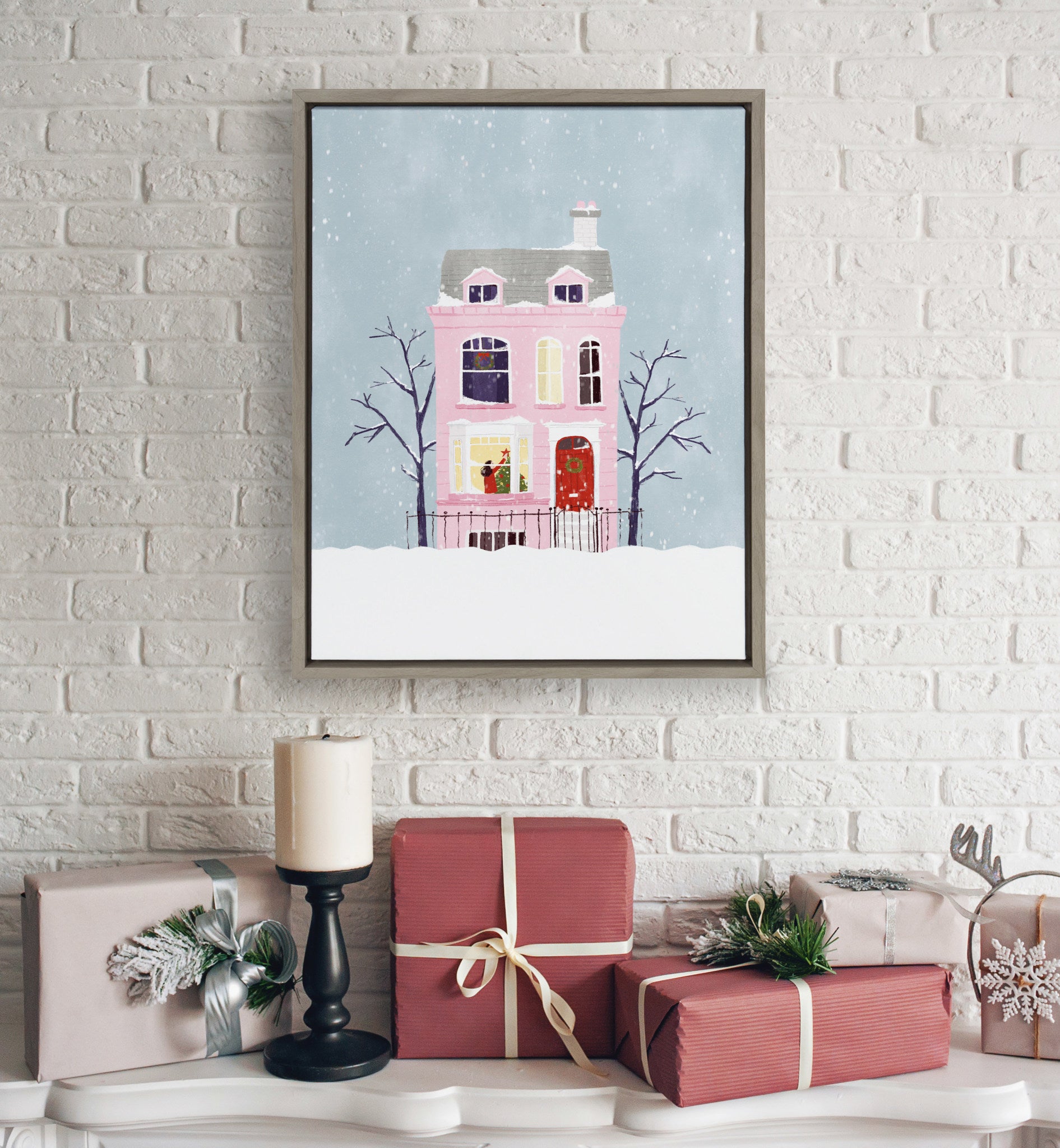 Kate and Laurel Sylvie Christmas Pink House Framed Canvas Wall Art by ...