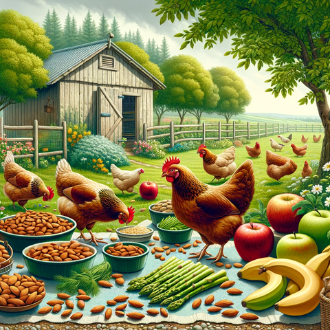 Chickens on a farm with a feast of vegetables.