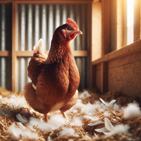 A healthy chicken standing in a clean coop.