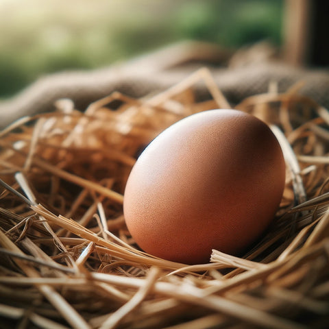 A chicken egg in a straw nest.