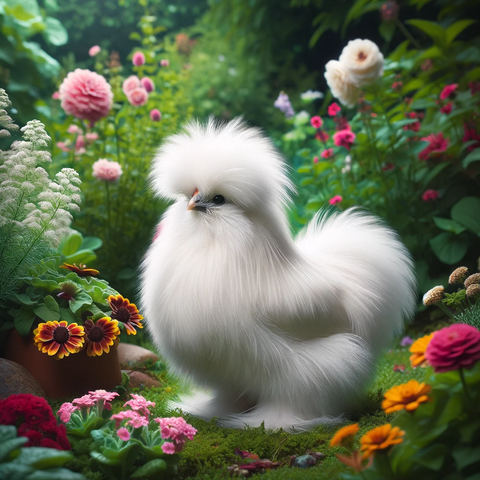 Silkie Chicken in a lush forest