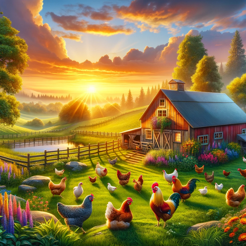 Beautiful farm with chickens and a nice sunset