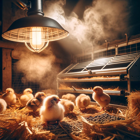 Chicks under a heat lamp