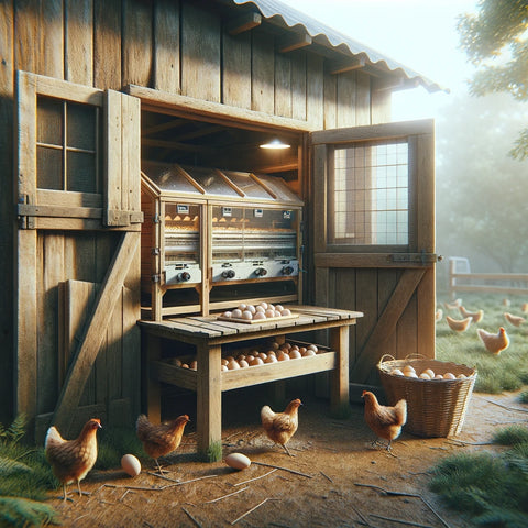 A wooden coop with eggs in an incubator.