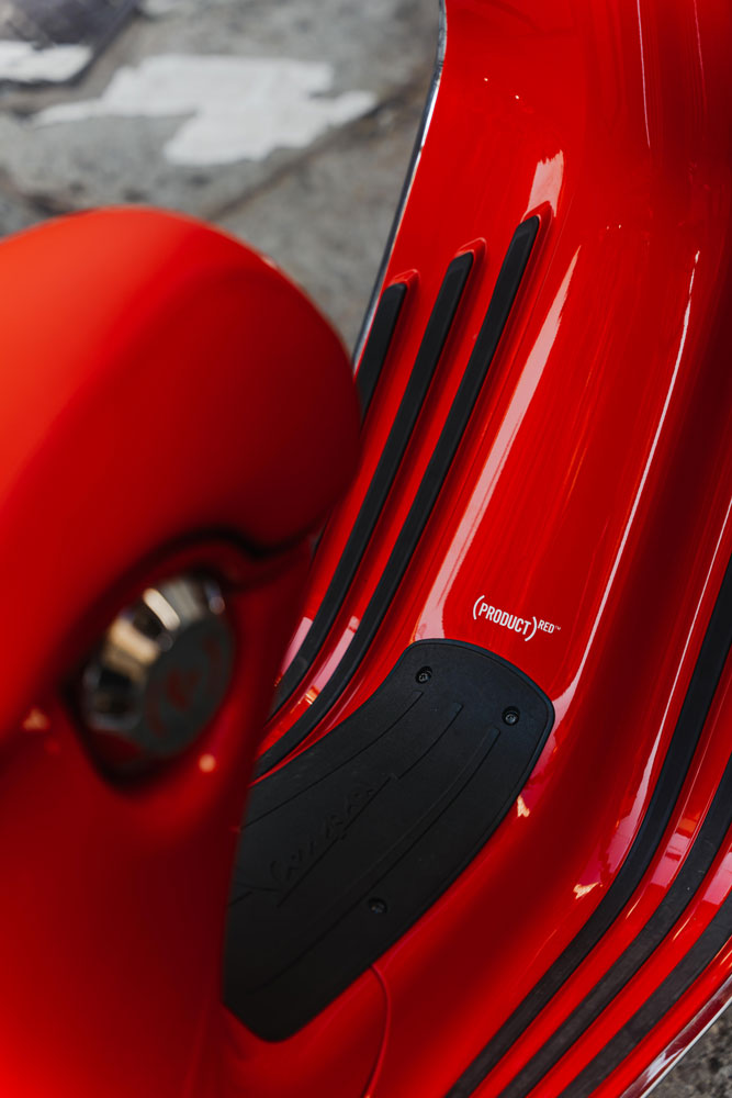 Detail of the Piaggio Vespa RED 946 in the photoshoot in Milan, Italy for Roveri Eyewear.