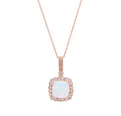 14K Rose Gold Cushion Opal with Diamond Halo Pendant Necklace