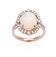 14K Rose Gold Oval Opal and Diamond Halo Ring