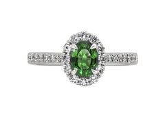 14K White Gold Oval Emerald and Diamond Halo Ring
