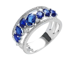 14K White Gold Oval Sapphire and Diamond Multi-Row Ring