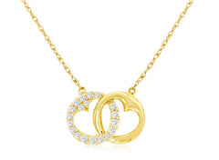 14K Yellow Gold Round Diamond Interlocking Heart Necklace