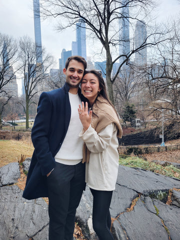 Maya and Luigi Running Across Road in Engagement Photo