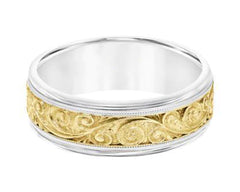 7.5mm Filigree Engraved Gold Wedding Band