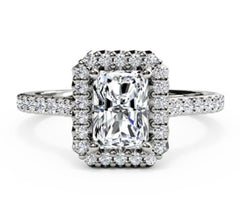 Emerald Cut Diamond Halo and Diamond Shank Engagement Ring
