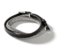 John Hardy Classic Chain Silver Three Wrap Chain and Black Leather Bracelet