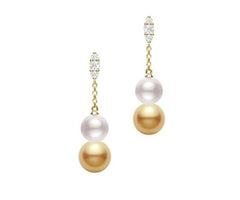 Mikimoto 18K Yellow Gold Pearl Drop Earrings with Diamonds