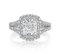 Platinum Cushion Cut Diamond Double Halo and Split Shank Engagement Ring