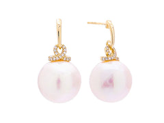 Sabel Pearl 14K Yellow Gold White Ming Pearl and Diamond Dangle Earrings