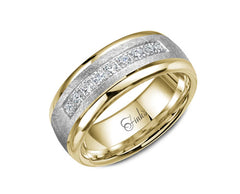 Two Tone Brushed and Polished Wedding Band with Diamonds