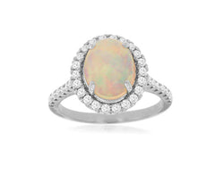 White Gold Oval Opal and Diamond Halo Shank Ring