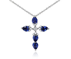 White Gold Pear Sapphire and Diamond Cross Pendant
