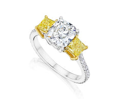 White and Yellow Gold Cushion Diamond Engagement Ring with Fancy Yellow Diamond Accents