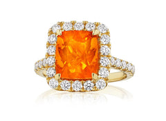 Yellow Gold Cushion Fire Opal and Diamond Halo Ring