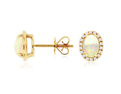 Yellow Gold Oval Opal and Diamond Halo Earrings