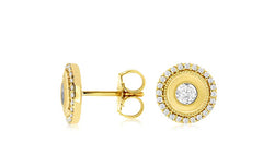 Yellow Gold Round Diamond Center and Halo Disc Stud Earrings