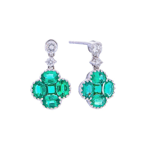 Emerald and Diamond Clover Dangle Earrings