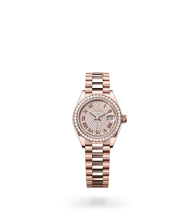 Lady-Datejust, Oyster, 28 mm, Everose gold and diamonds Front Facing