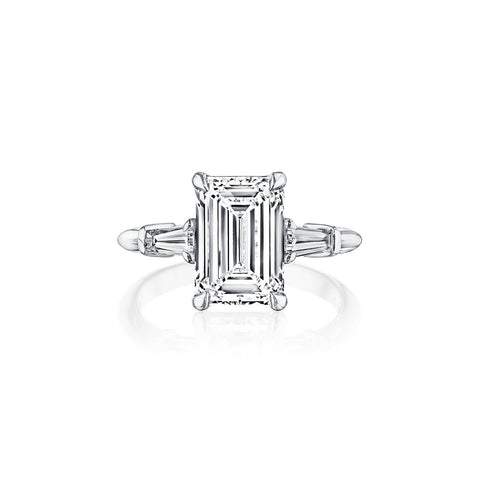 Fink's Exclusive Platinum Emerald and Baguette Side Stone Engagement Ring