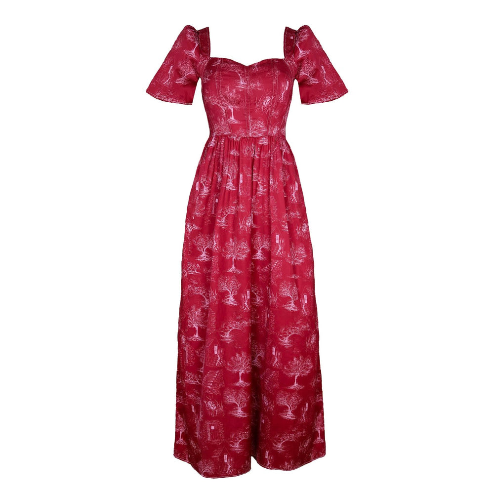 Beatrice Maxi Dress with Sweetheart Neckline / Ruby Red + Alabaster Cotton Toile
