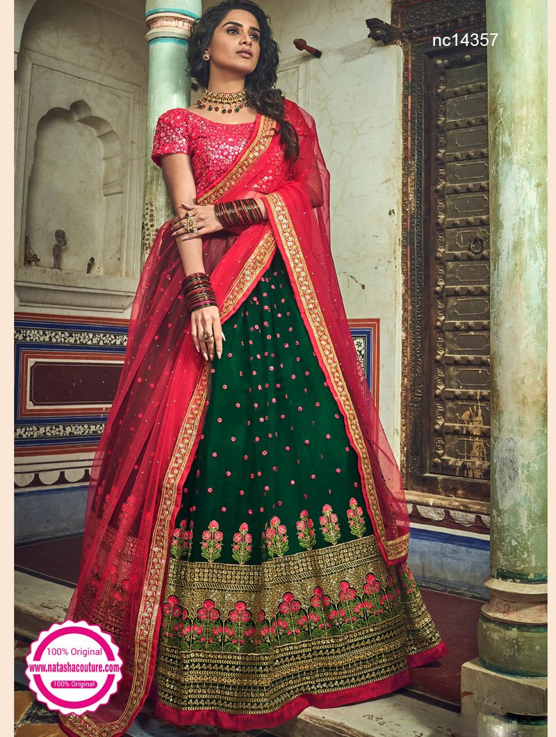 green lehenga with pink choli