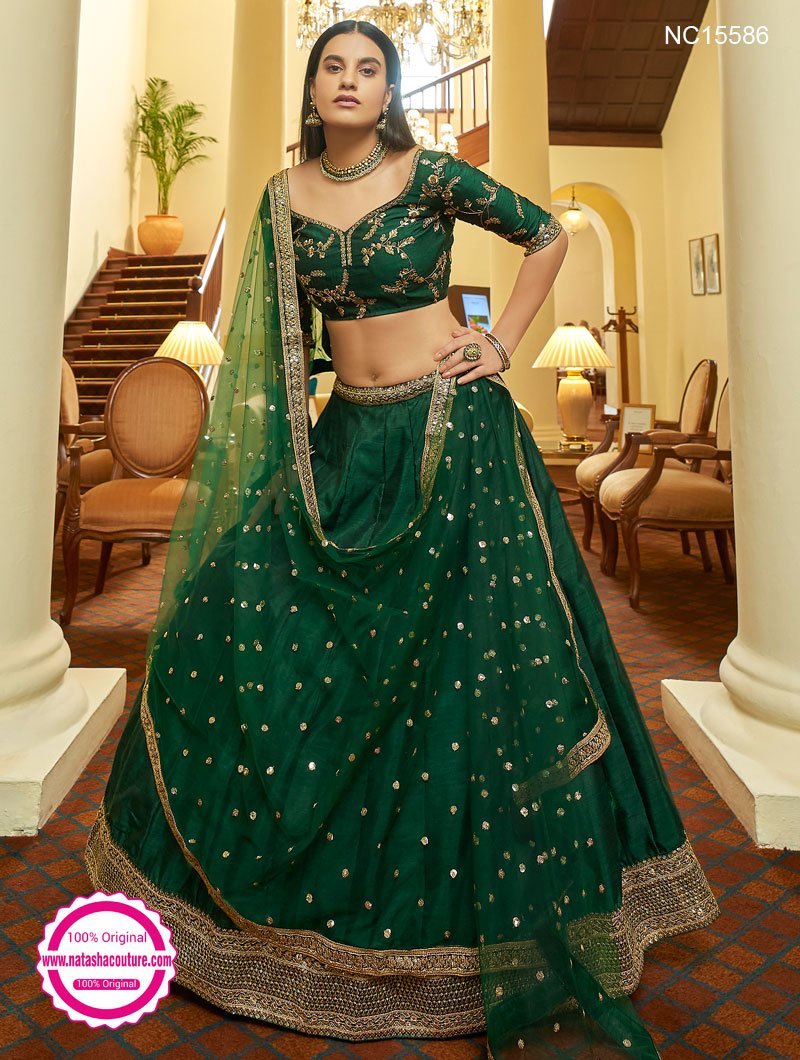 Enthralling dark rama green thread and sequins embroidered party wear  lehenga choli